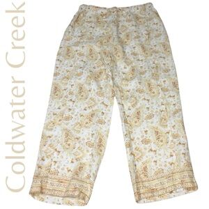 Coldwater Creek Linen (34x29) Paisley White Brown Drawstring Pants - Women’s 14